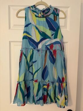 Oliphant Light Blue Tropical Leaf Tiered Dress